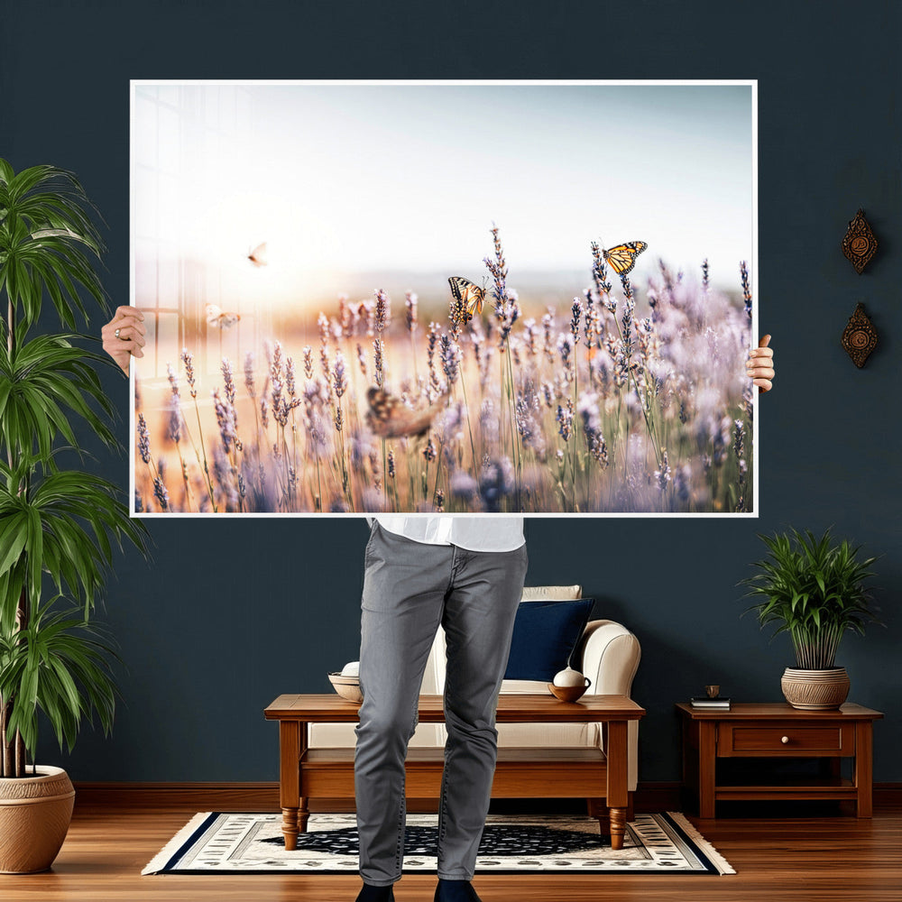 Lavender Field Wall Art Canvas Print, Butterfly Floral