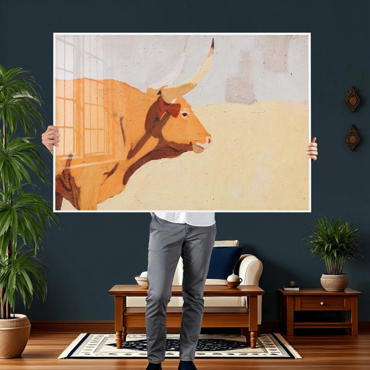 Minimal Longhorn Bull Wall Art Canvas Print, Neutral Western