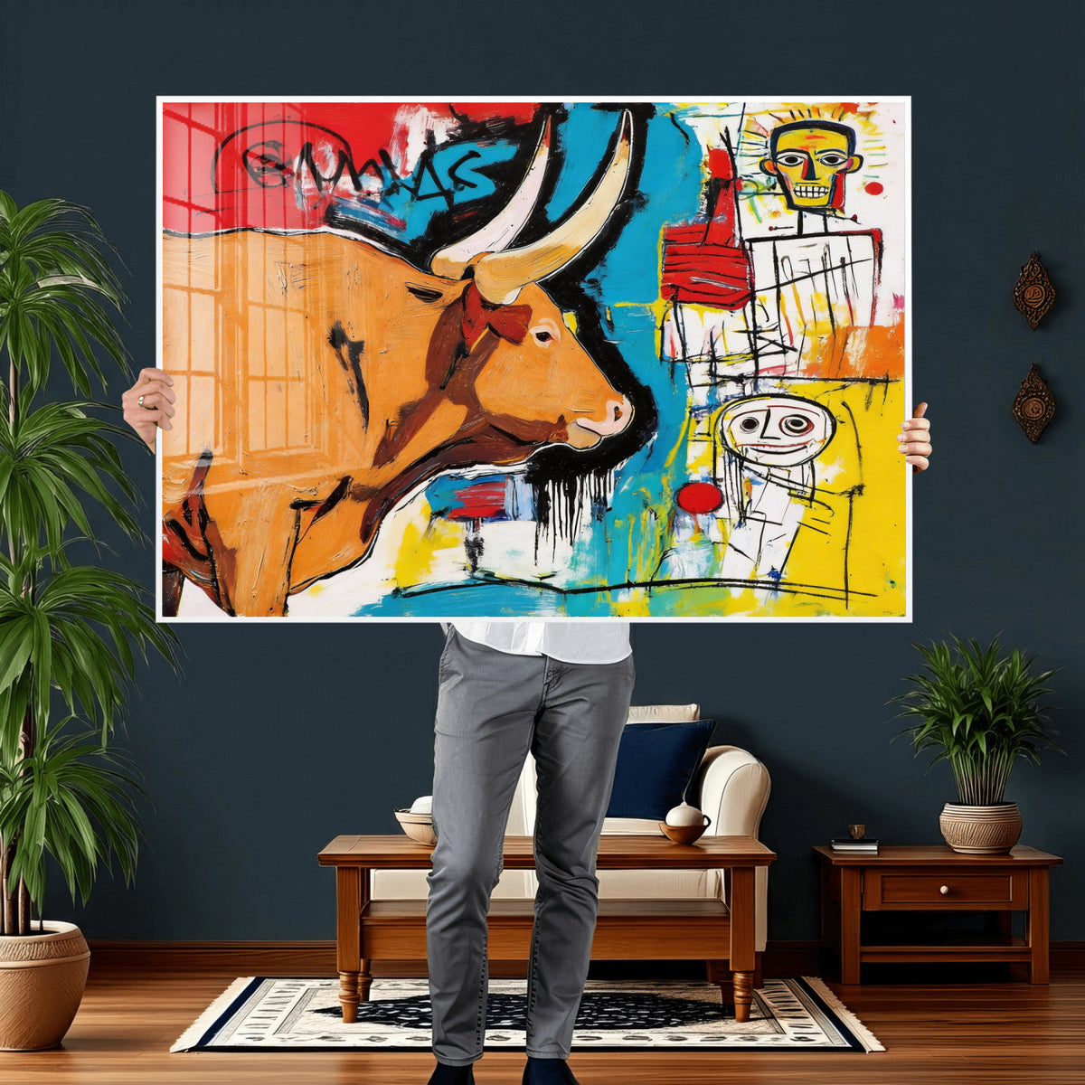Basquiat Style Bull Graffiti Wall Art Canvas Print, Street