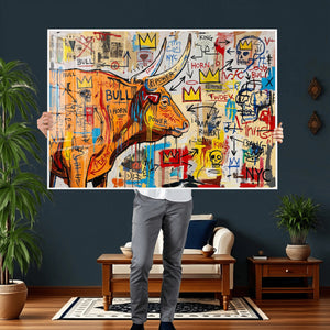 Basquiat Style Bull Graffiti Wall Art Canvas Print, Street