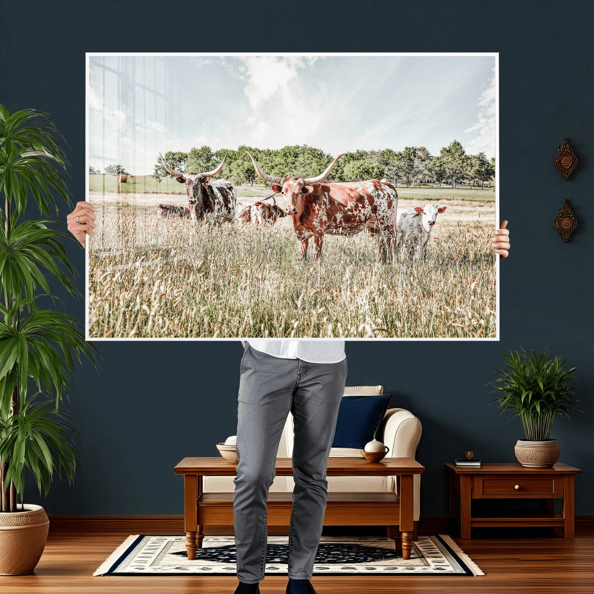 Texas Longhorn Cattle Wall Art Canvas Print, Rustic Ranch