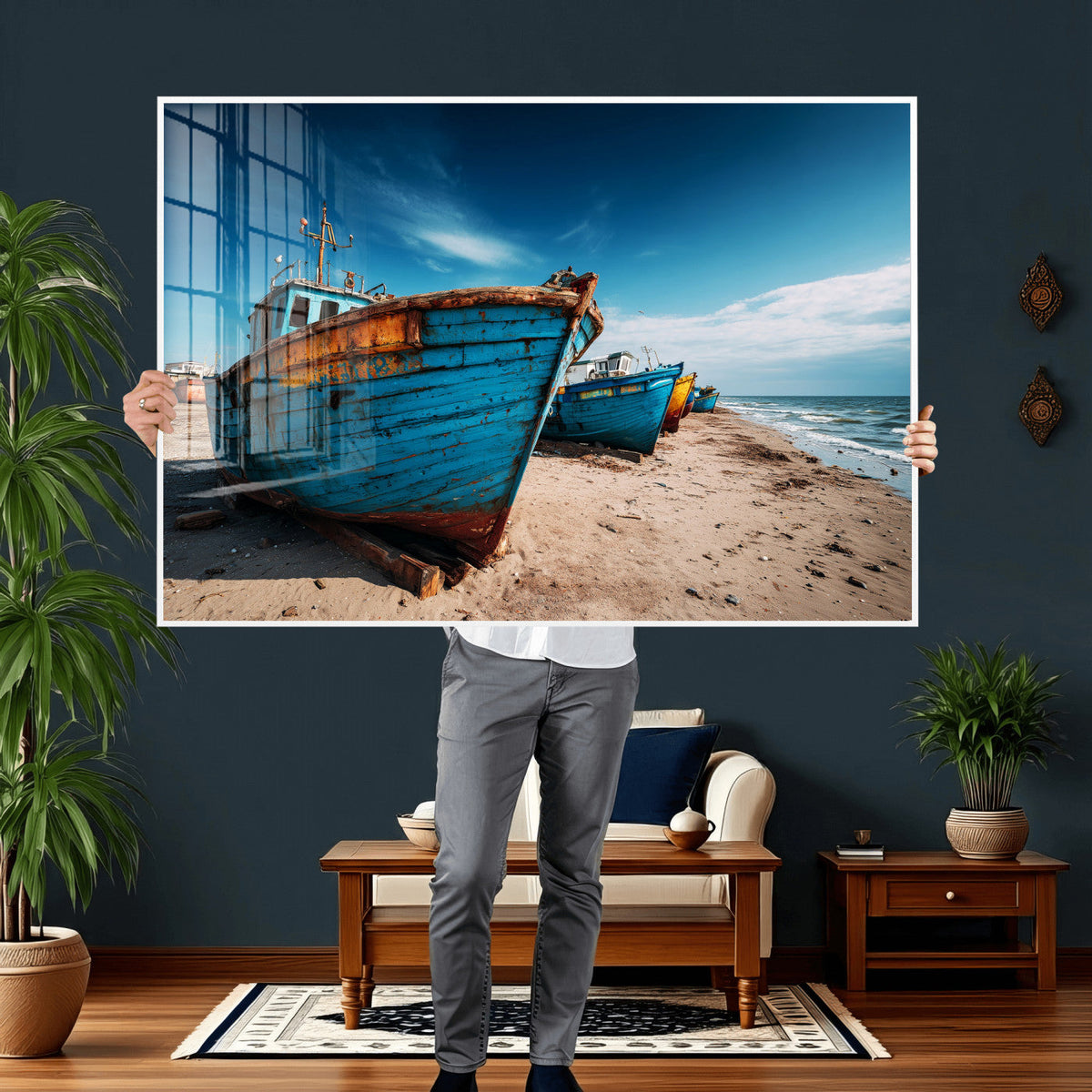 Coastal Fishing Boats Wall Art Canvas Print, Sunset Beach