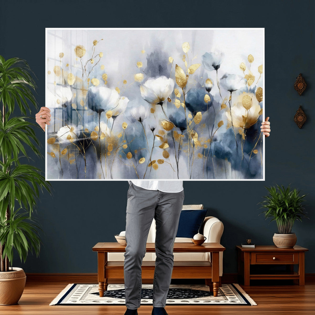 Large Abstract Flowers Wall Art Canvas Print – Gold and Blue