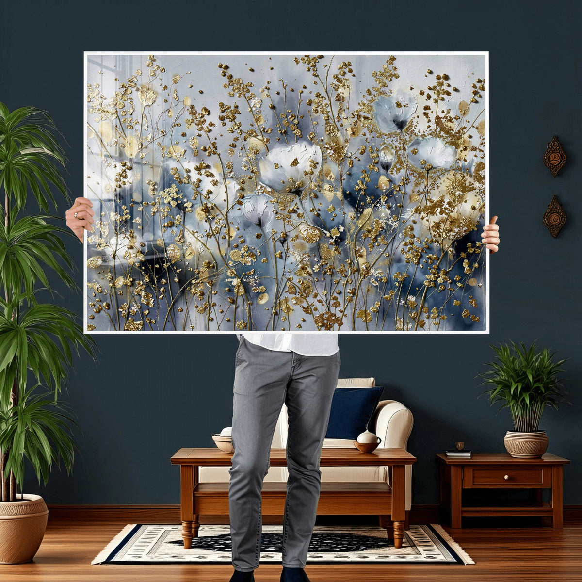 Abstract Floral Wall Art Canvas Print – Gold and Blue