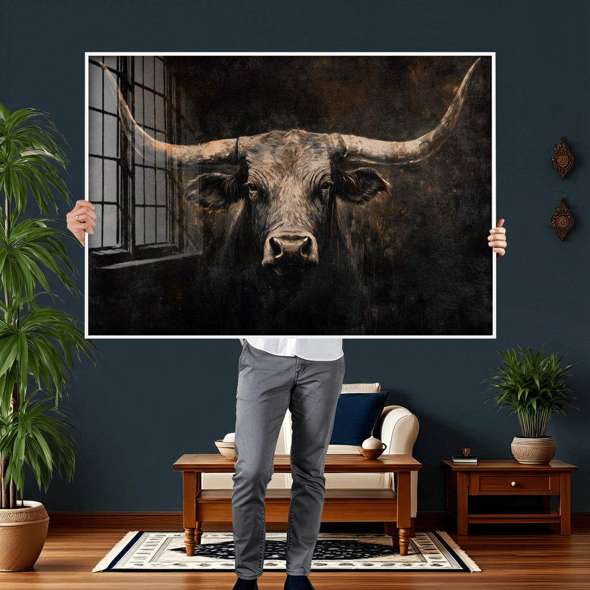 Vintage Longhorn Bull Wall Art Canvas Print – Rustic Western