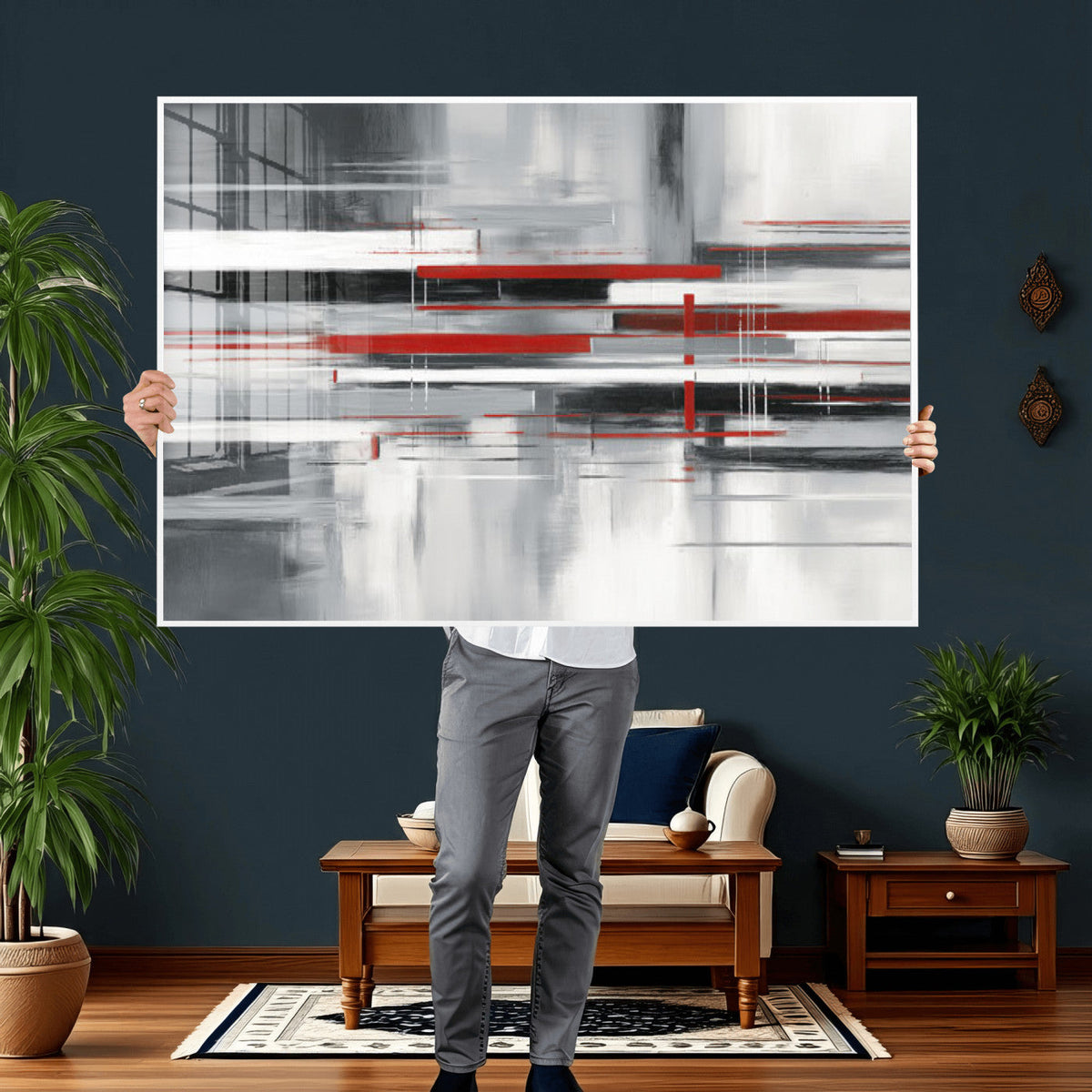 Gray Red Abstract Wall Art Canvas Print, Modern Abstract