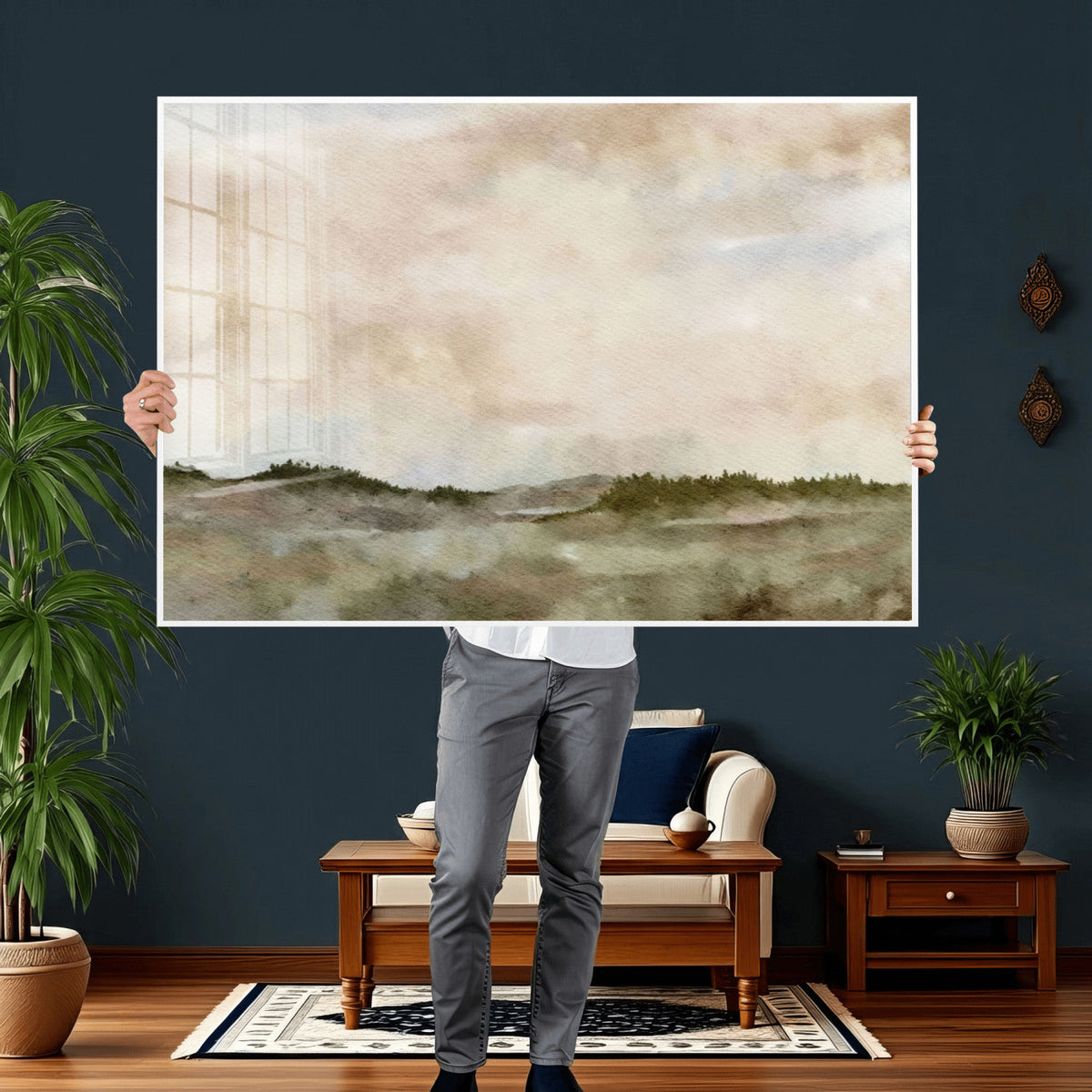 Muted Watercolor Hill Landscape Print — Beige Taupe Cloudy