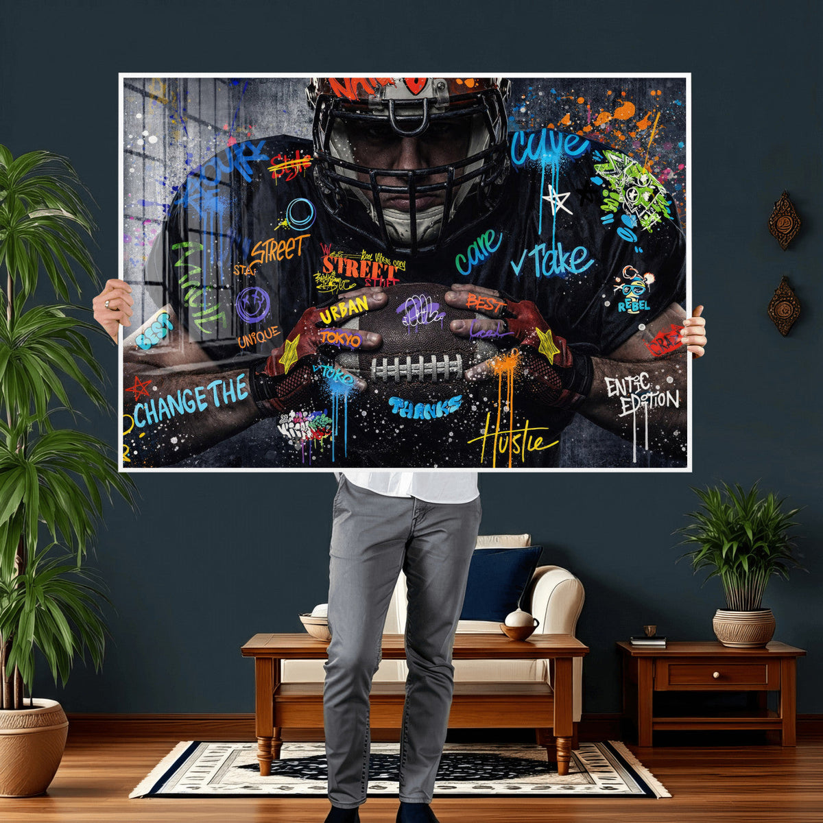 Graffiti American Football Player Street Art Wall Art Canvas