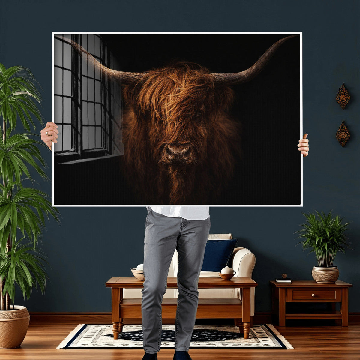 Highland Cow Wall Art Canvas Print – Moody Dark Rustic