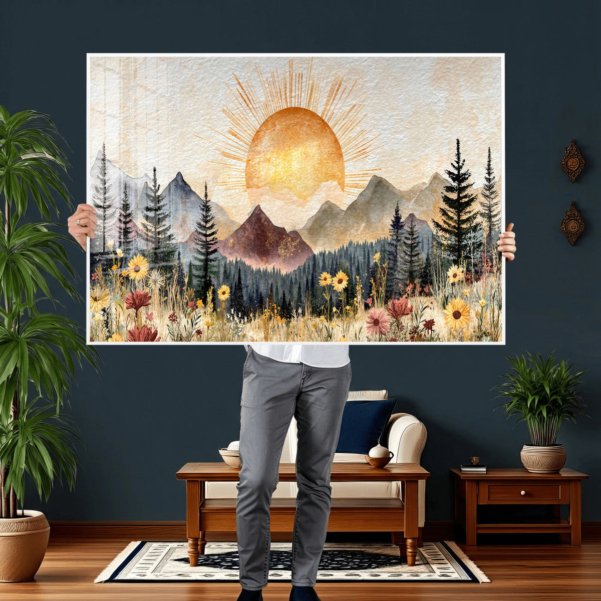 Boho Mountain Landscape Large Wall Art, Horizontal Gold