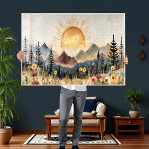 Boho Mountain Landscape Large Wall Art, Horizontal Gold