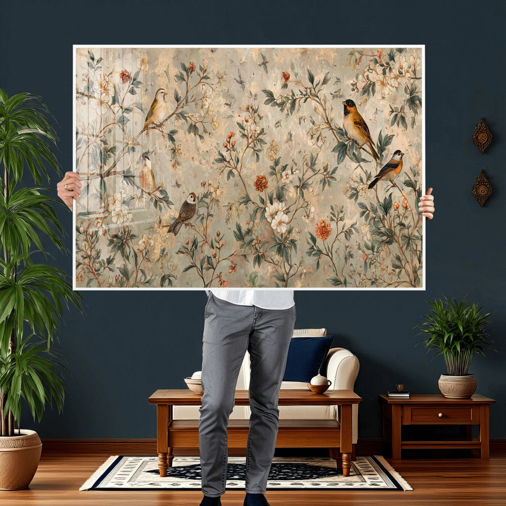 Vintage Birds and Flowers Wall Art Canvas Print, Botanical