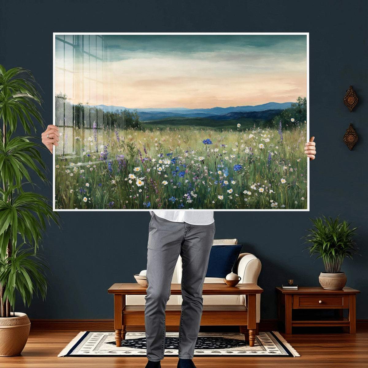 Wildflower Meadow Oil Painting Canvas — Daisy Lavender
