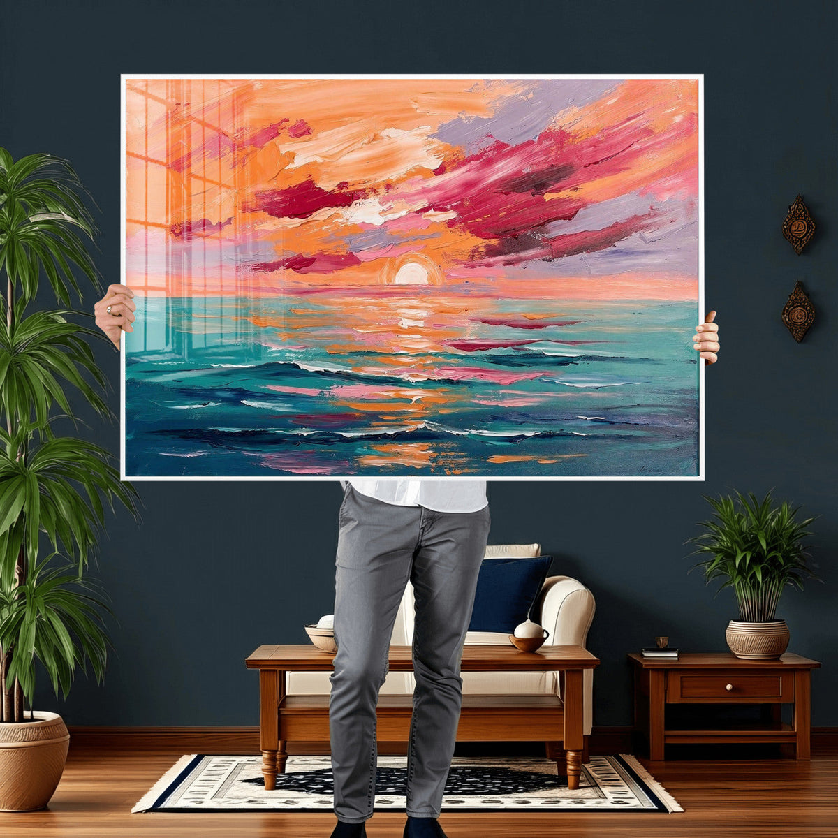 Bold Palette Knife Ocean Sunset Canvas — Orange Pink Teal