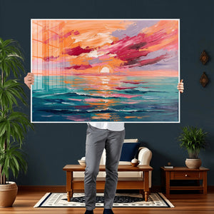 Bold Palette Knife Ocean Sunset Canvas — Orange Pink Teal
