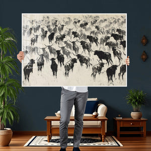 Longhorn Cattle Canvas Wall Art, Black White Stampede Ink