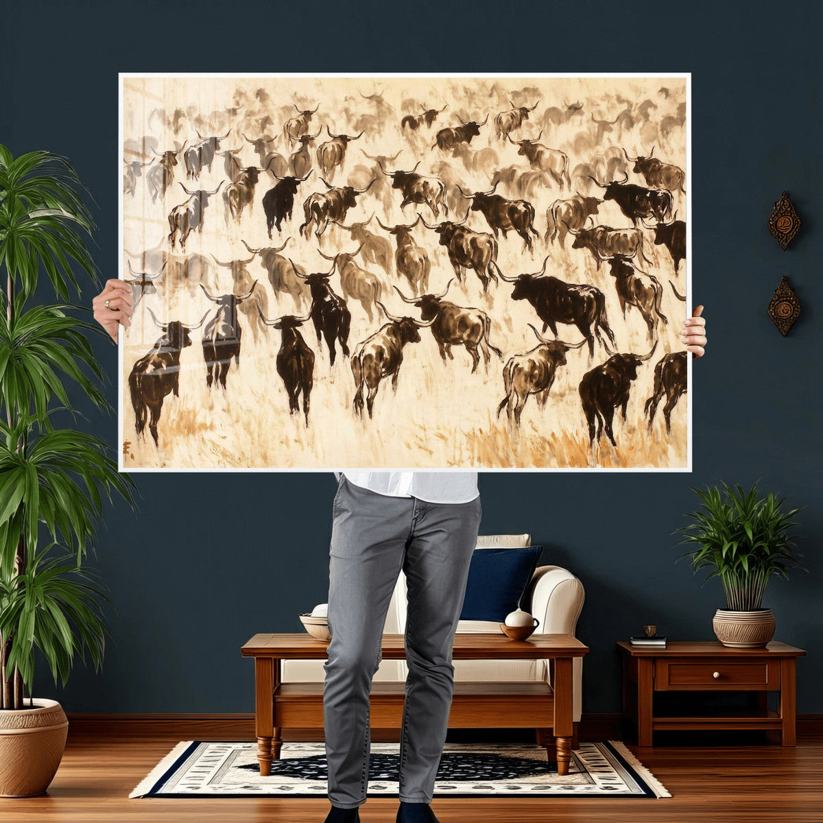 Texas Longhorn Sepia Canvas Wall Art, Western Cattle