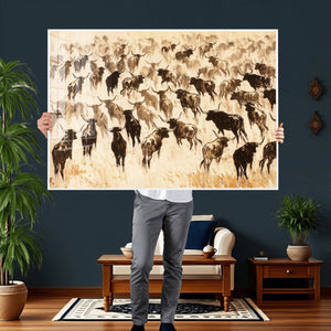 Texas Longhorn Sepia Canvas Wall Art, Western Cattle