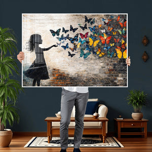 Banksy Butterfly Girl Wall Art Canvas Print, Framed Street
