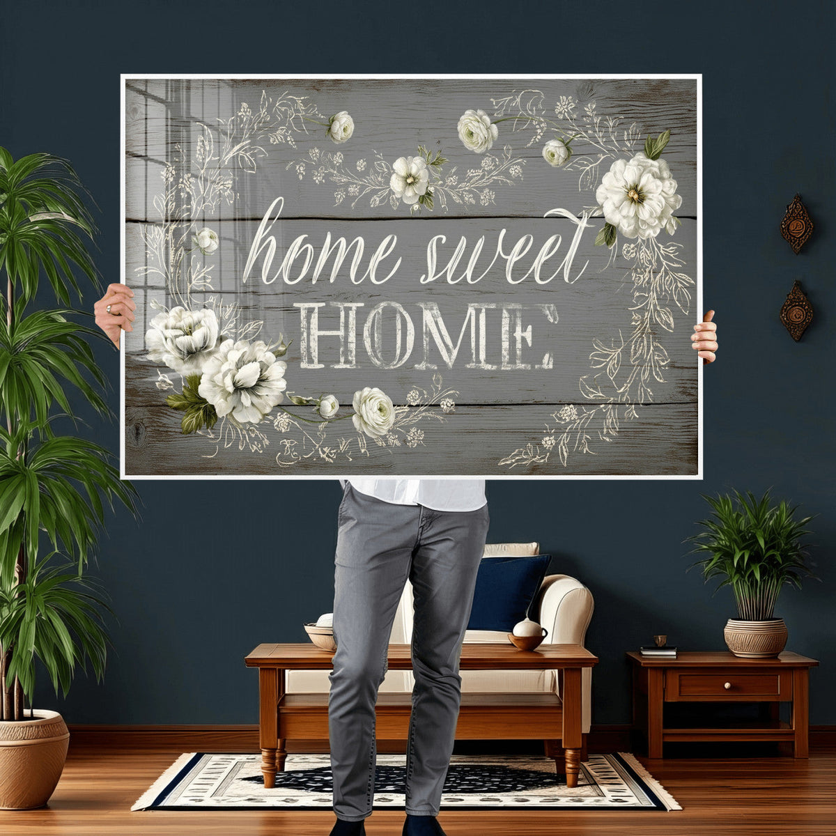 Home Sweet Home Wall Art Canvas Print, Floral Farmhouse