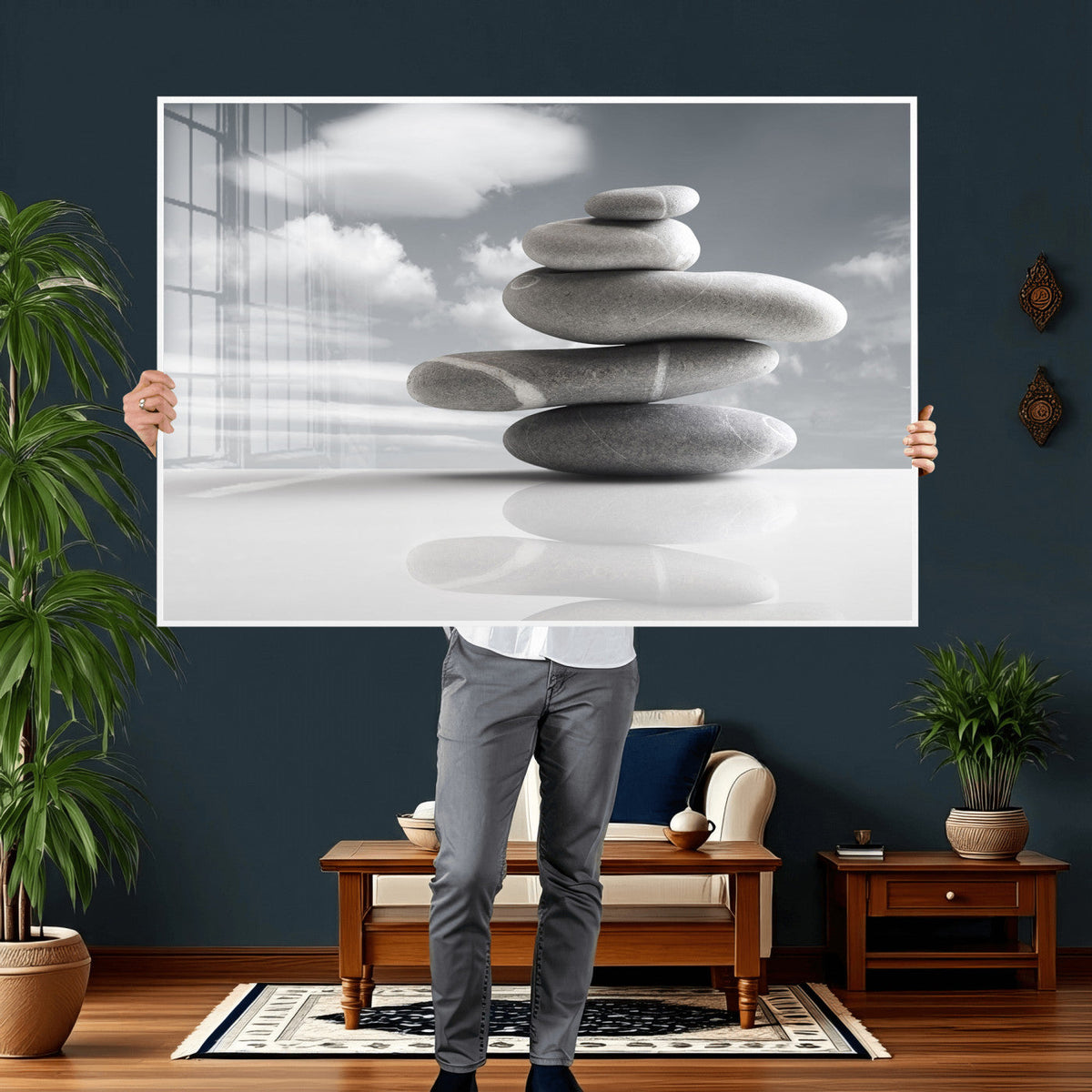 Zen Stone Wall Art Canvas Print, Balanced Rock Stack Framed