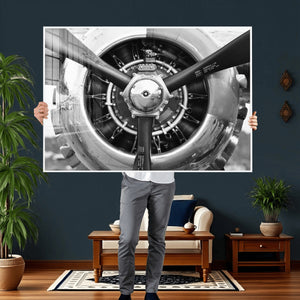 Vintage Propeller Plane Wall Art Canvas Print, Black and
