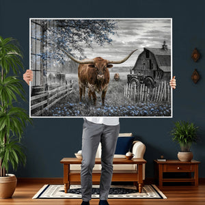 Texas Longhorn Canvas Wall Art, Rustic Farm Barn Bluebonnet