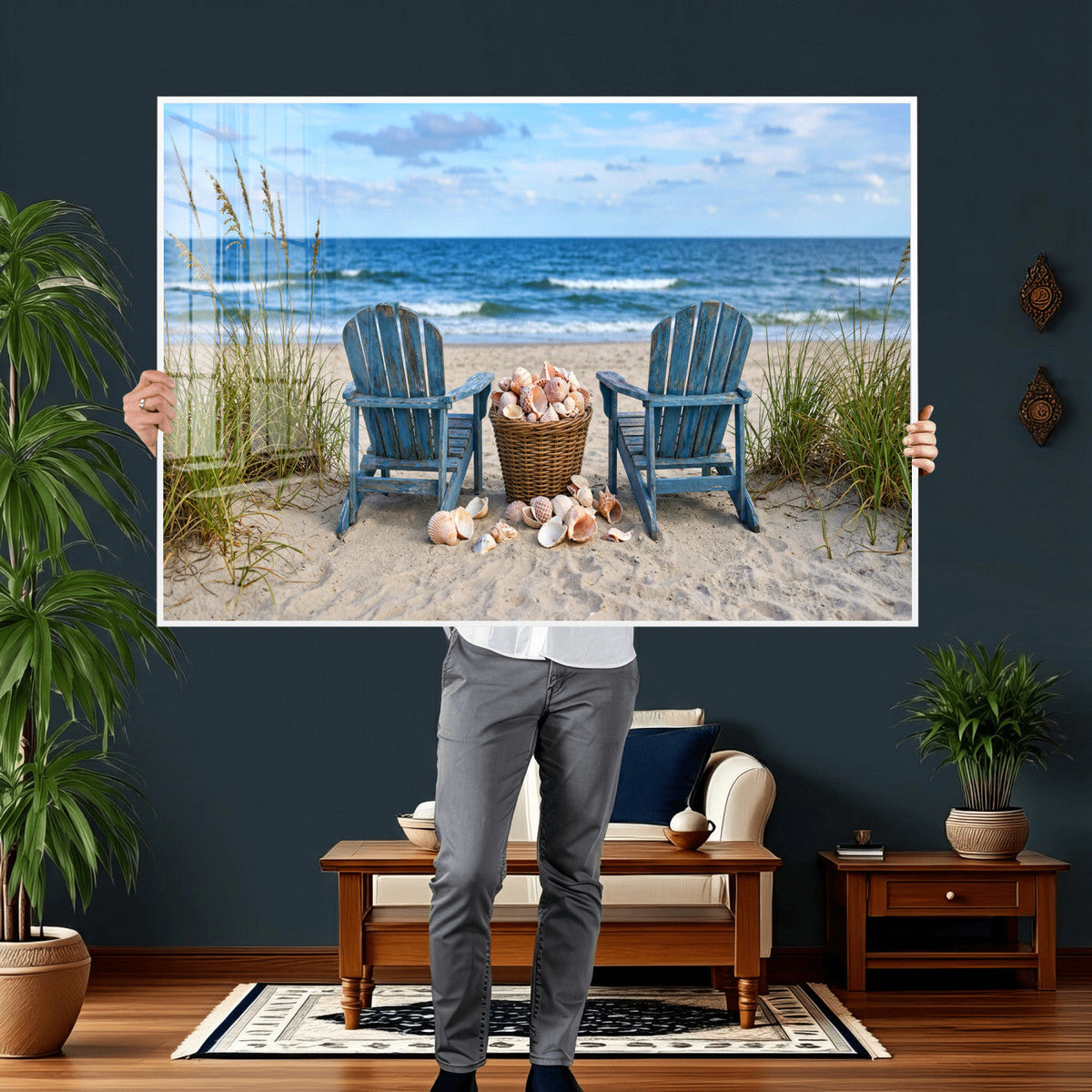 Large Beach Canvas Wall Art Coastal Adirondack Chairs Ocean
