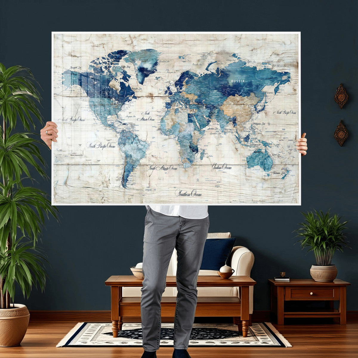 Watercolor World Map Canvas Wall Art Print – Abstract
