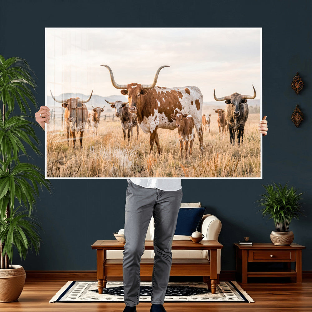 Texas Longhorn Canvas Wall Art, Rustic Farm Animal Photography Print, Farmhouse Country Decor, Western Ranch Art