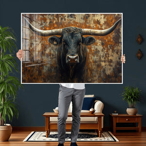 Longhorn Texas Cow Bull Wall Art | Rustic Farmhouse Canvas