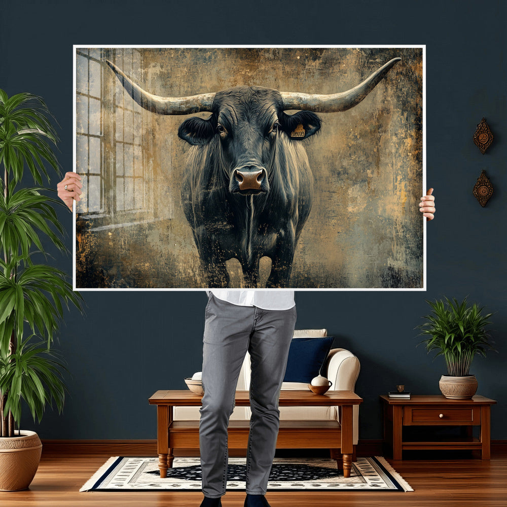 Texas Longhorn Bull Wall Art – Framed Rustic Cow Canvas