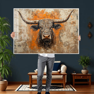 Abstract Cow Longhorn Bull Wall Art Canvas Print - Rustic