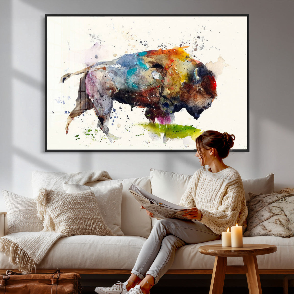 Abstract Buffalo Wall Art, Western Watercolor Bison Canvas