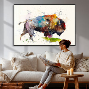 Abstract Buffalo Wall Art, Western Watercolor Bison Canvas
