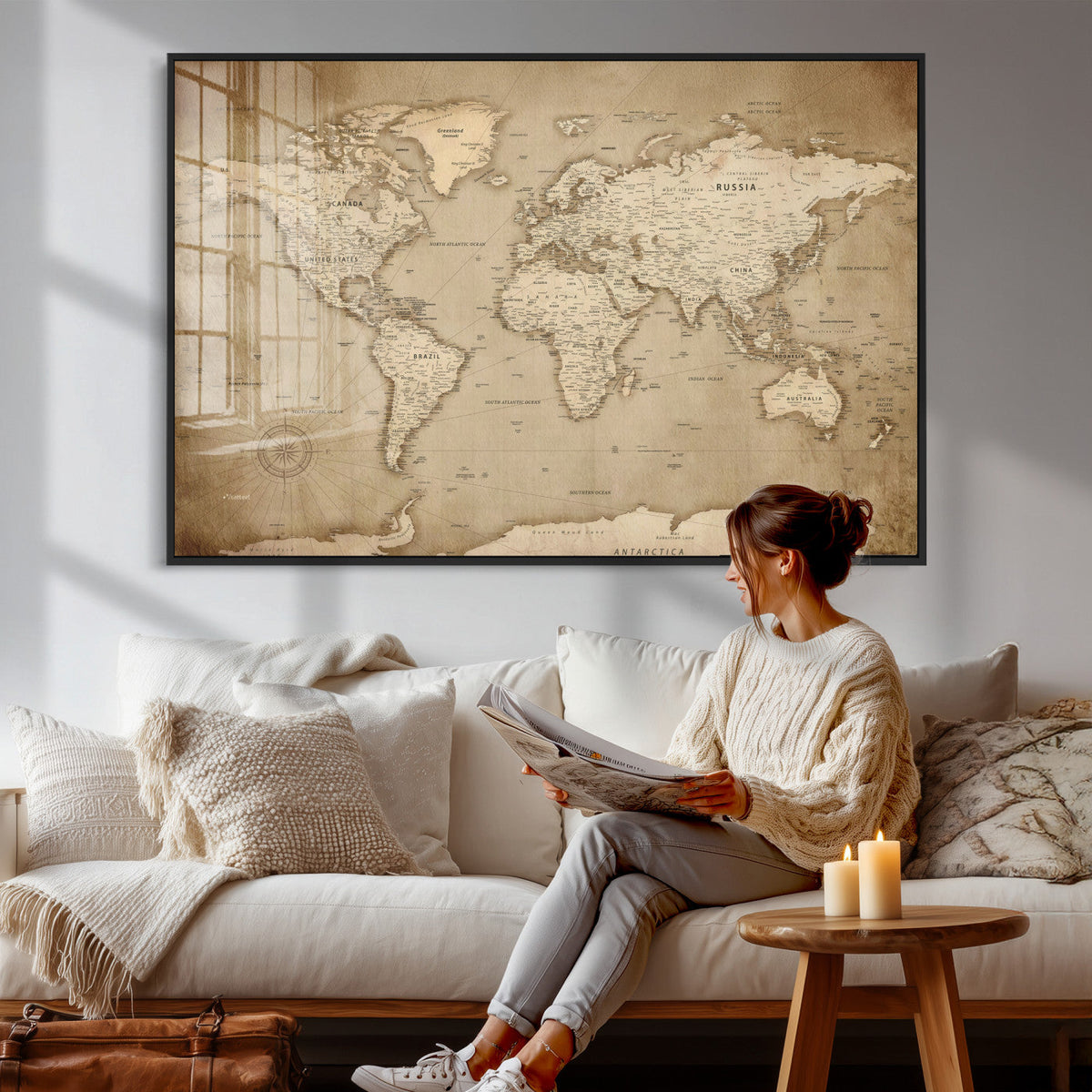 Colorful Watercolor World Map Canvas Wall Art – Framed