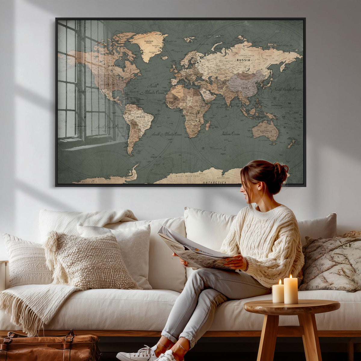 Rustic Black and Wood World Map Canvas Wall Art – Framed