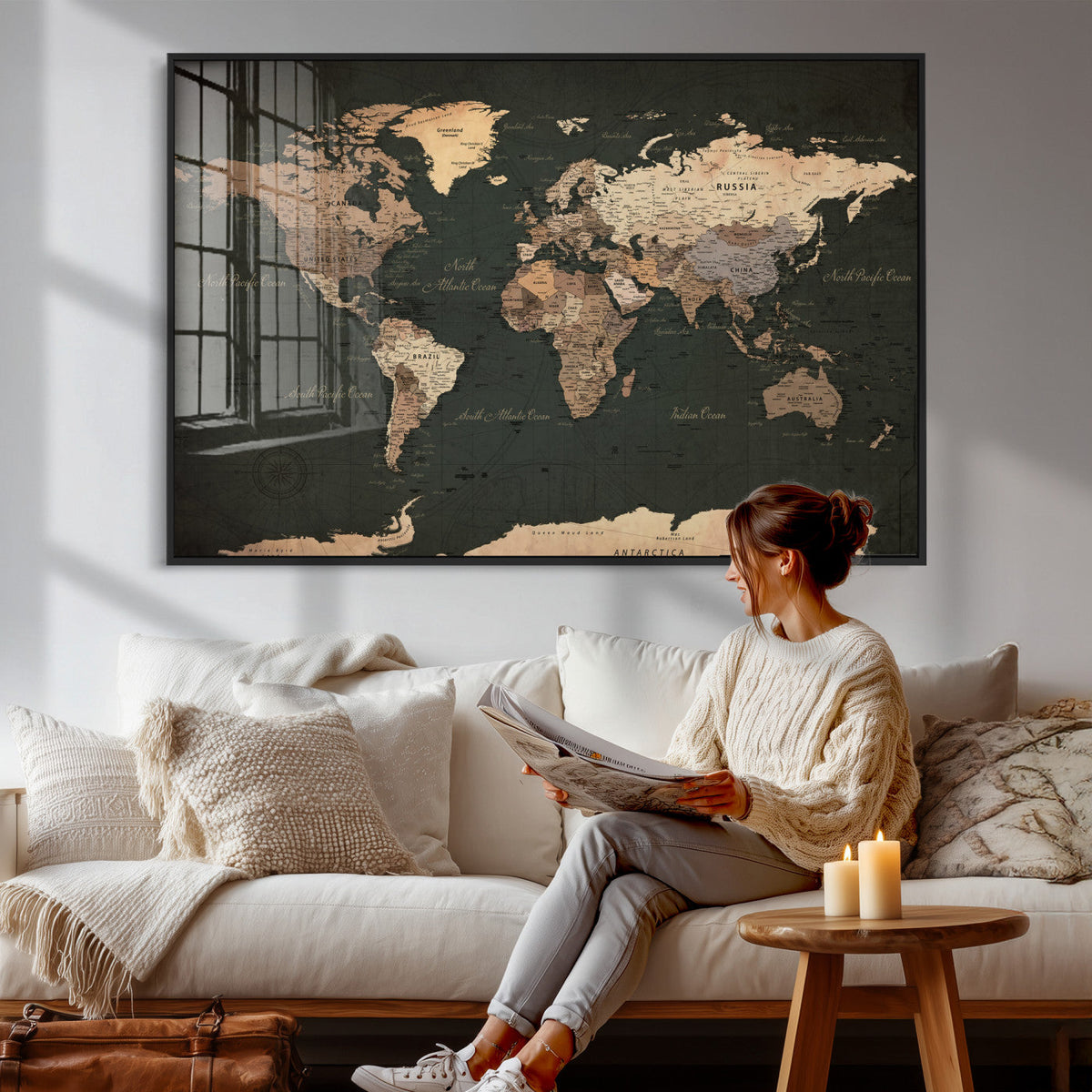 Vintage World Map Canvas Wall Art – Framed Travel Map for