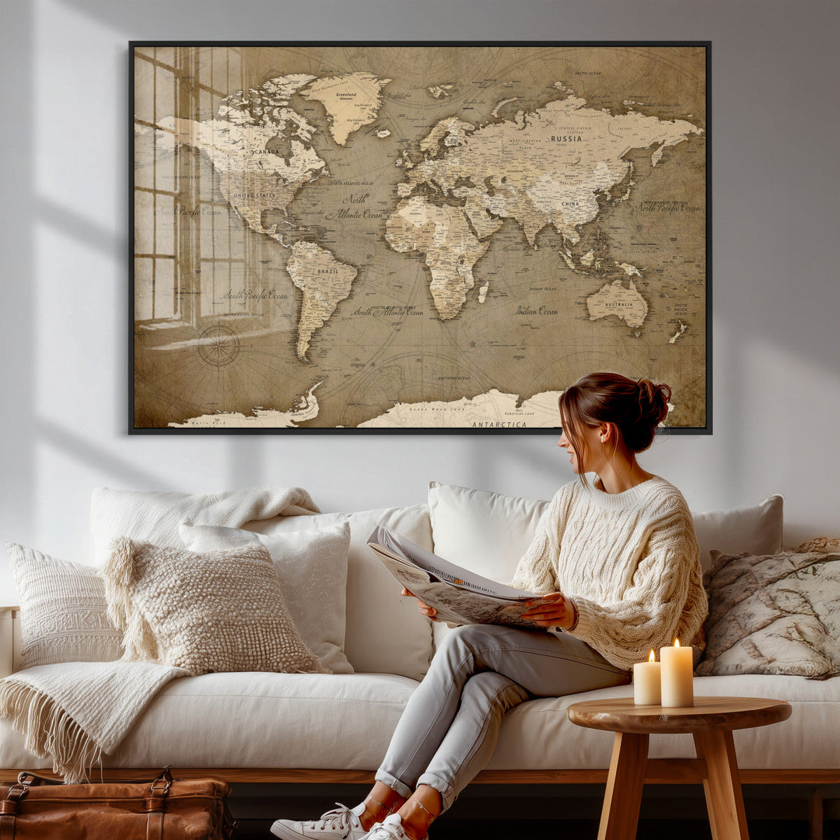 World Map Wall Art Canvas Print, Framed Map Art Picture
