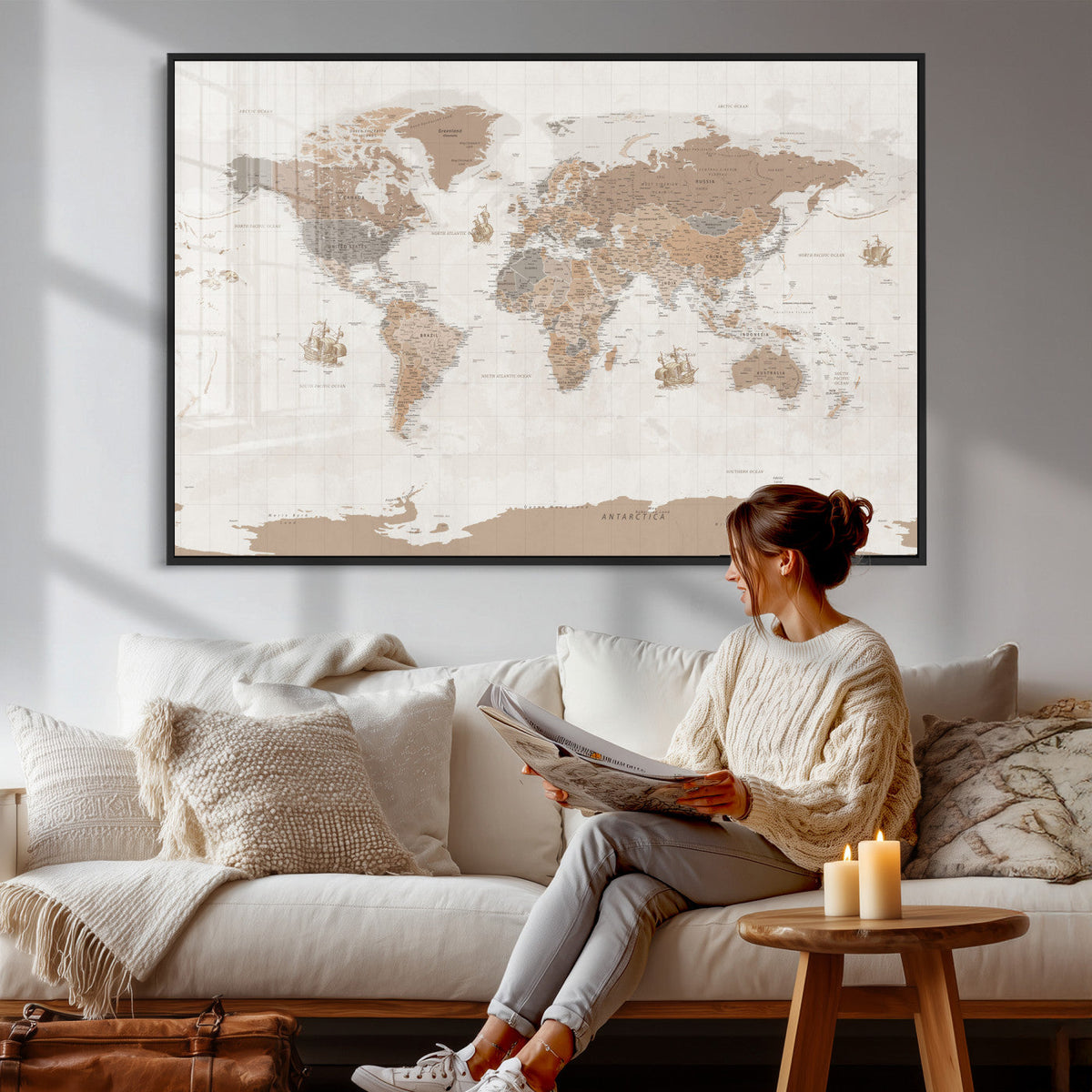 Framed Large World Map Canvas Print for Office Decor