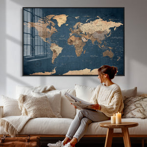 Navy Blue World Map Canvas Print – Framed Travel Map Wall
