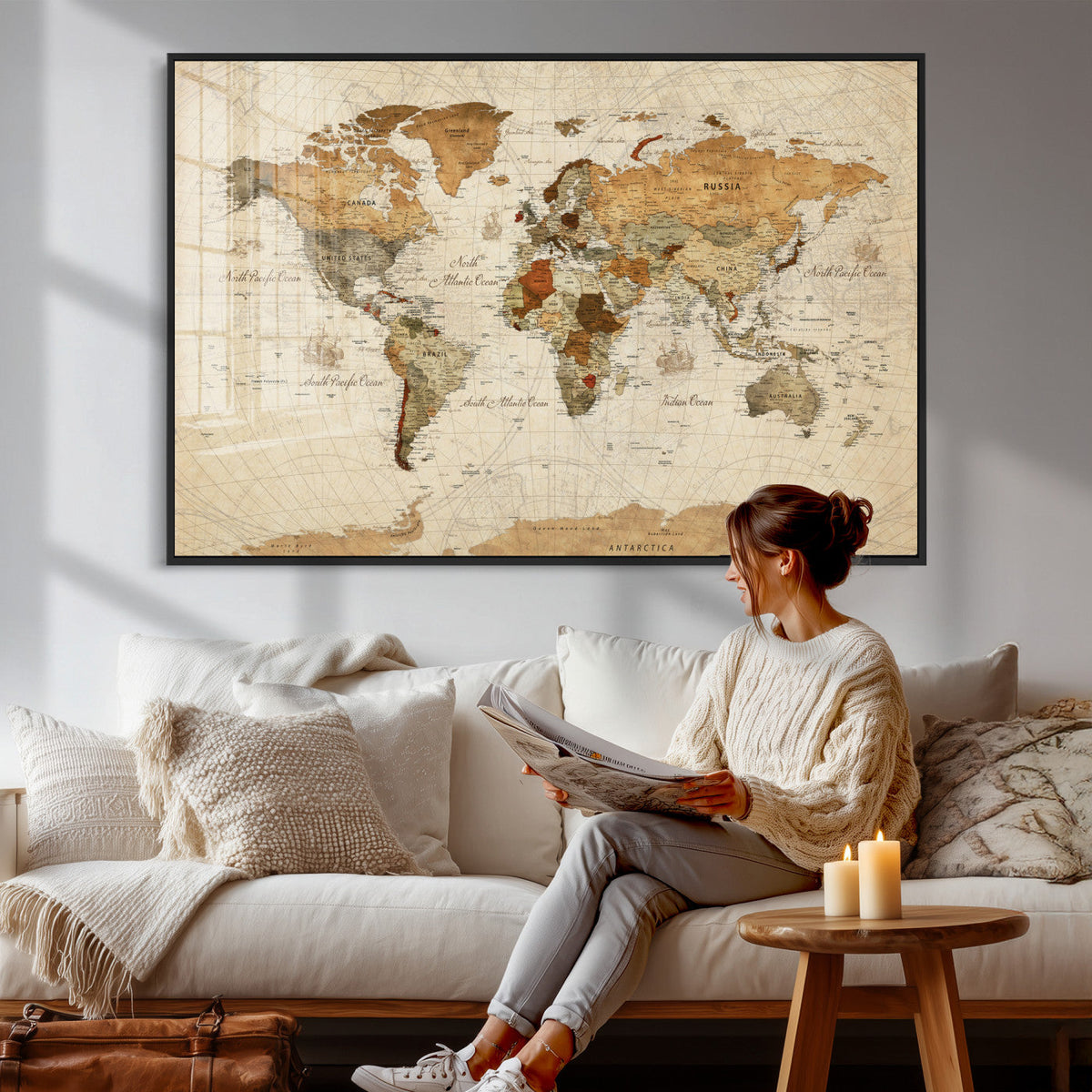 Rustic Vintage World Map Canvas Print – Framed Modern