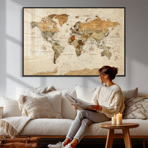 Rustic Vintage World Map Canvas Print – Framed Modern