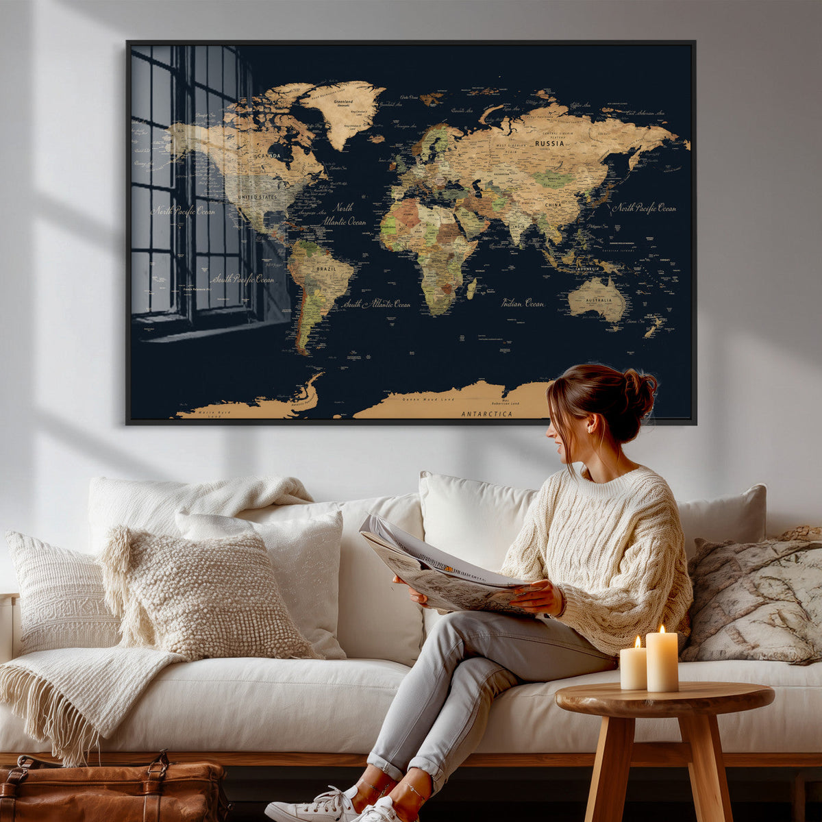 Vintage World Map Canvas on the Dark Background Wall Art