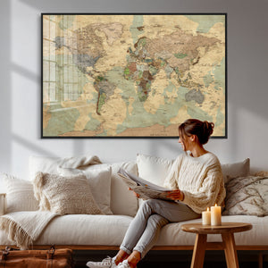 Vintage World Map Wall Art | Ready to Hang and Framed