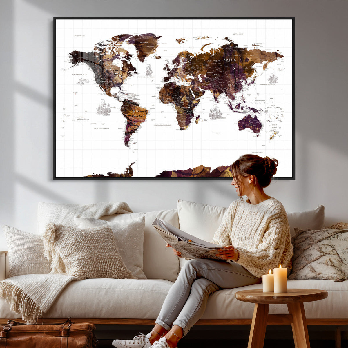 Rustic World Map Wall Art Canvas Print | Large World Map on