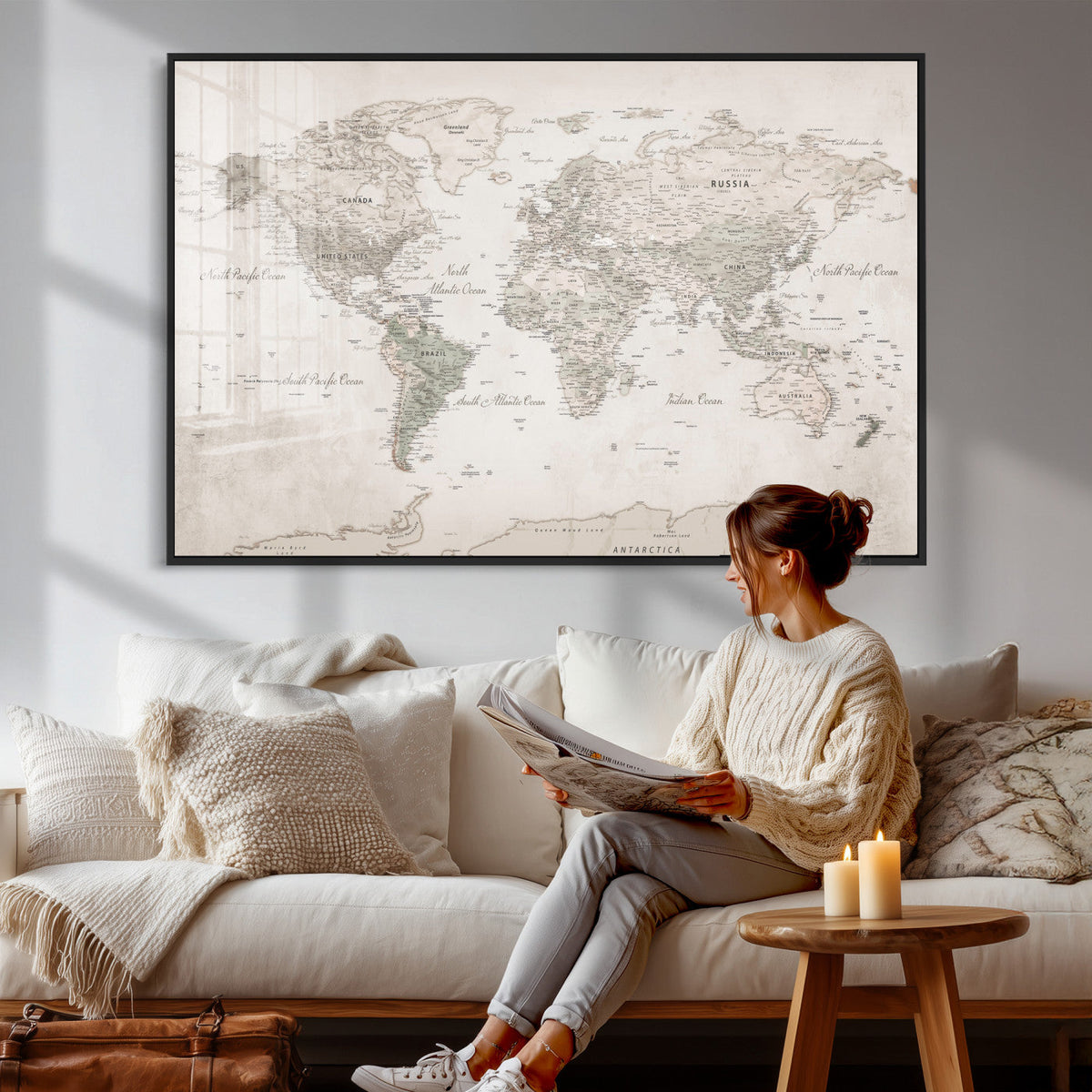 Antique Style World Map Canvas Print - Vintage Detailed