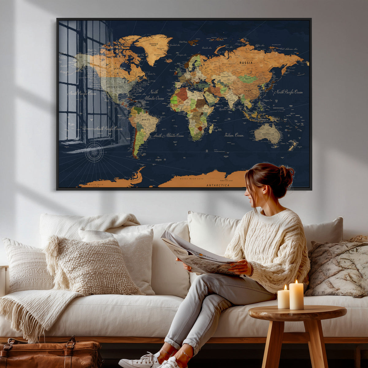 Modern World Map Canvas Print – Framed Detailed Map of the