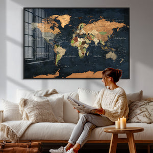 Vintage World Map Canvas Wall Art – Detailed Map with