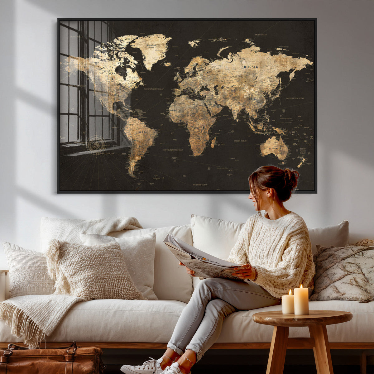 Framed World Map with Pin Canvas Print – Detailed World Map